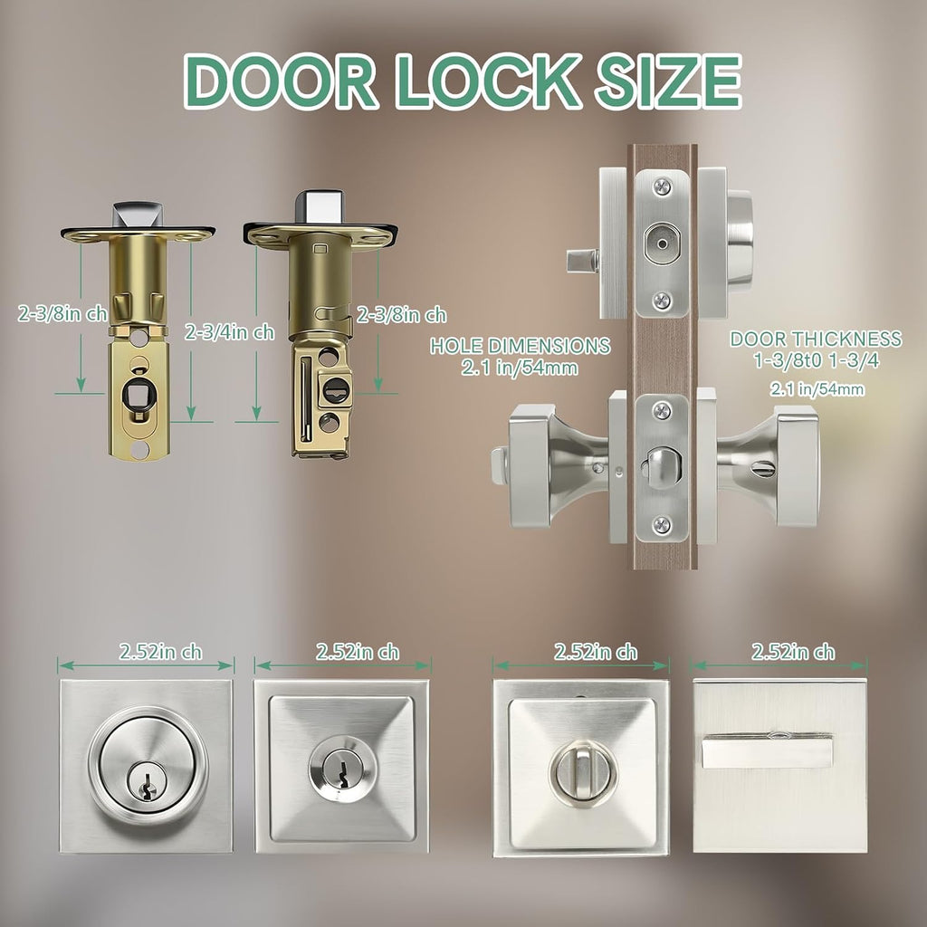 Satin Nickel Deadbolt and Door Knob Set - Square Exterior Door Knob with Deadbolt, Heavy Duty Keyed Alike for Front
