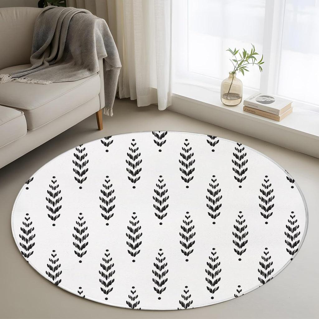 3ft Round Rug,Modern Scandi Botanical Leaves Washable Area Rugs Non-Slip Accent Rug Minimalist Black Leaf on White