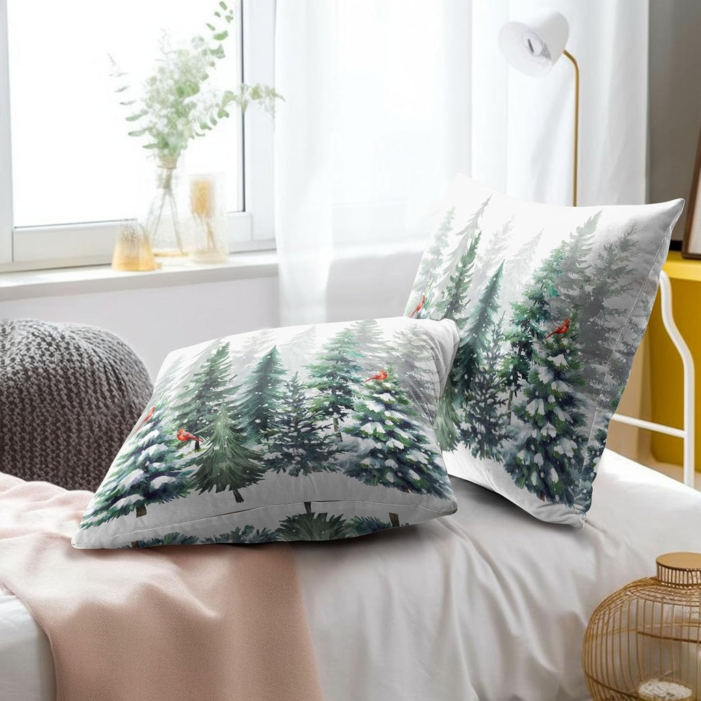 Winter Watercolor Snowflake Throw Pillow Covers 18X18 Inches Green Pine Tree Forest Red Bird Pillowcase Soft - Set of 2