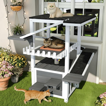Outdoor Cat House with Roof, Wooden Cat Shelter for Feral Cat, 4 Tier