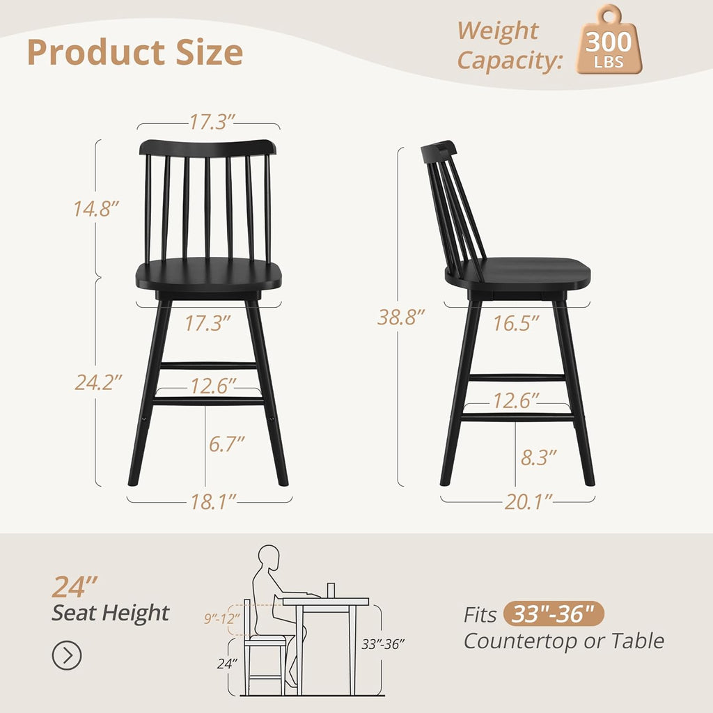 360° Swivel Bar Stools Set of 3, Black Windsor Barstools, Counter Height Barstool with Spindle Back, 24 inch