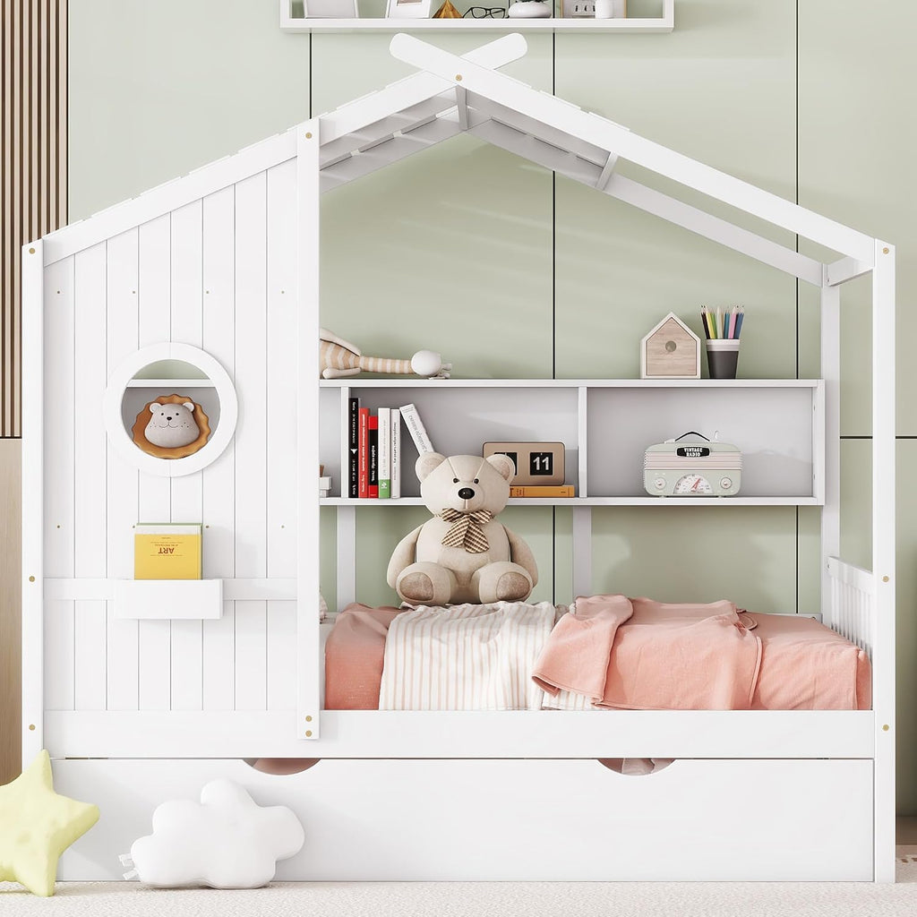 Full Size Daybed with Trundle and Bookshelf, No Box Spring Needed, White | House Bed with Roof and Round Window for