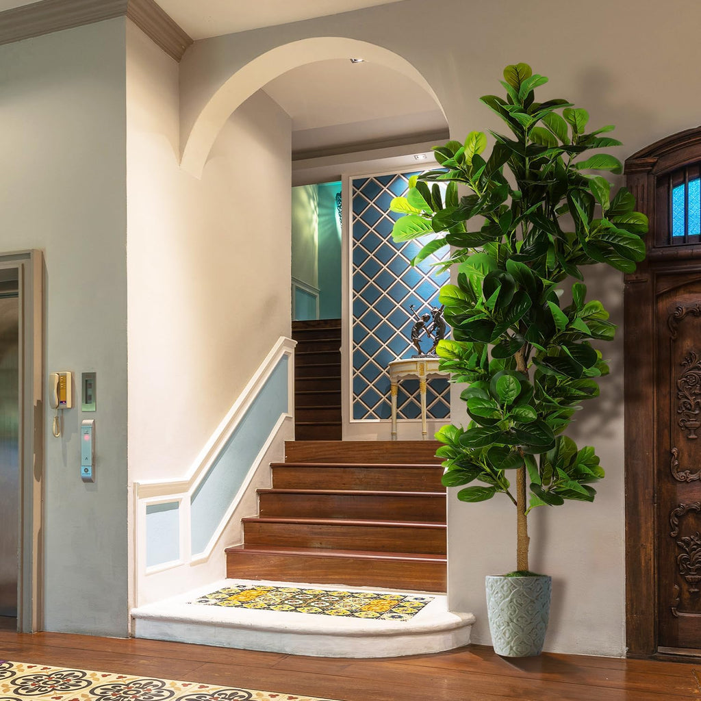 7.3ft Artificial Fiddle Leaf Fig Tree (87in) with Plastic Nursery Pot Faux Tree, Ficus Lyrata Fake Plant House