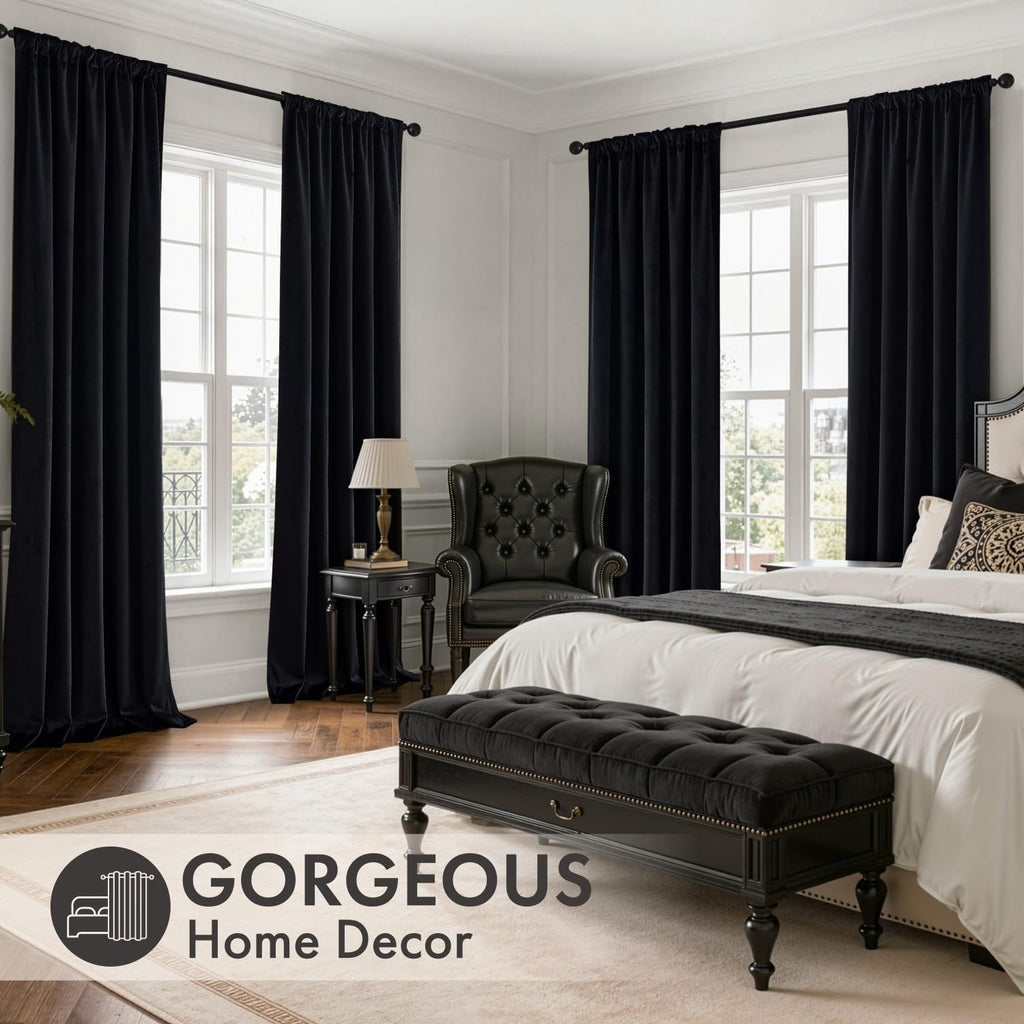 Black Velvet Curtains 4 Panels Set Back Tab 40 x 84 Inch Long