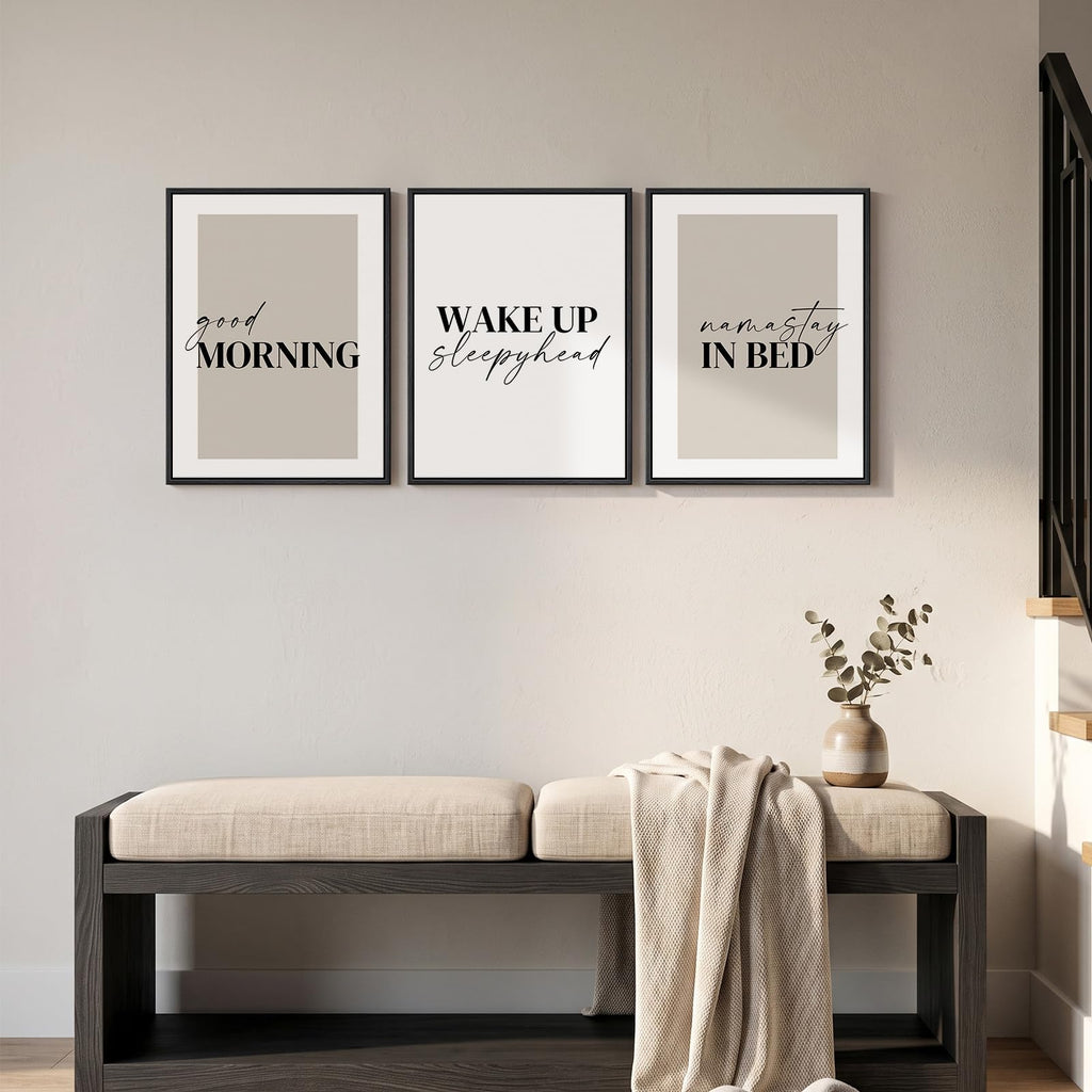 Framed Neutral 3 Piece Minimalist Canvas Wall Art Master Bedroom, 12x16 In