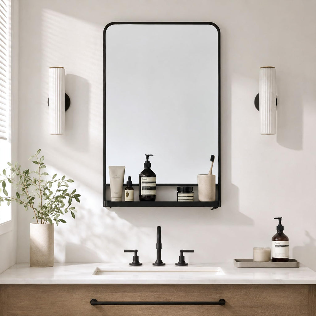 28x18 Inch Bathroom Mirror with Shelf, Black Metal Frame, 2 in 1
