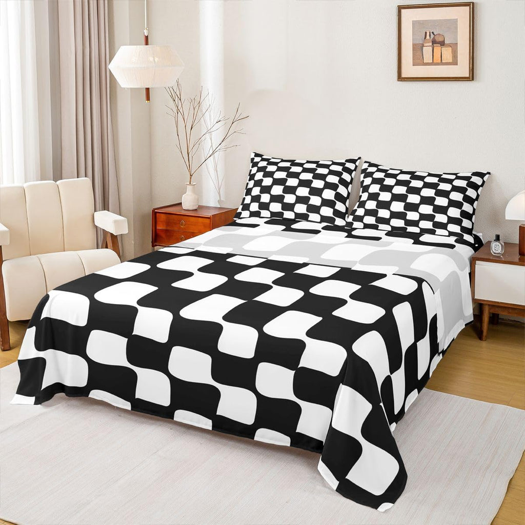 Checkered Grid Bed Sheets Set Buffalo Plaid Deep Pocket Fitted Sheet Black White Bedding Sets Geometric