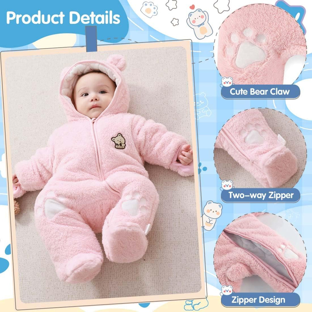 Baby Snowsuit Bear Outfit Footie Romper Winter Thick Fleece Jumpsuit Infant Coat for Girls Boys