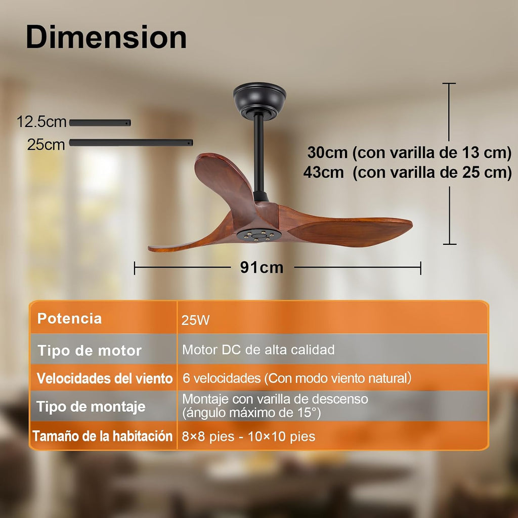 36 Inch Solid Wood Ceiling Fans without Lights, 6 Speeds,Reversible DC Motor, Noiseless, Black Ceiling Fan No Light