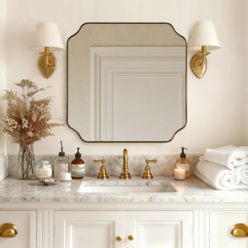 30"x30" Square Bathroom Mirror, Brushed Gold Scalloped Mirror for Wall, Antique Brass Mirror with Designer-Crafted