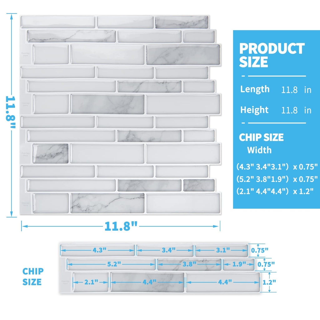 Stone Peel and Stick Backsplash, 10-Sheet, 12" x 12", White Marble