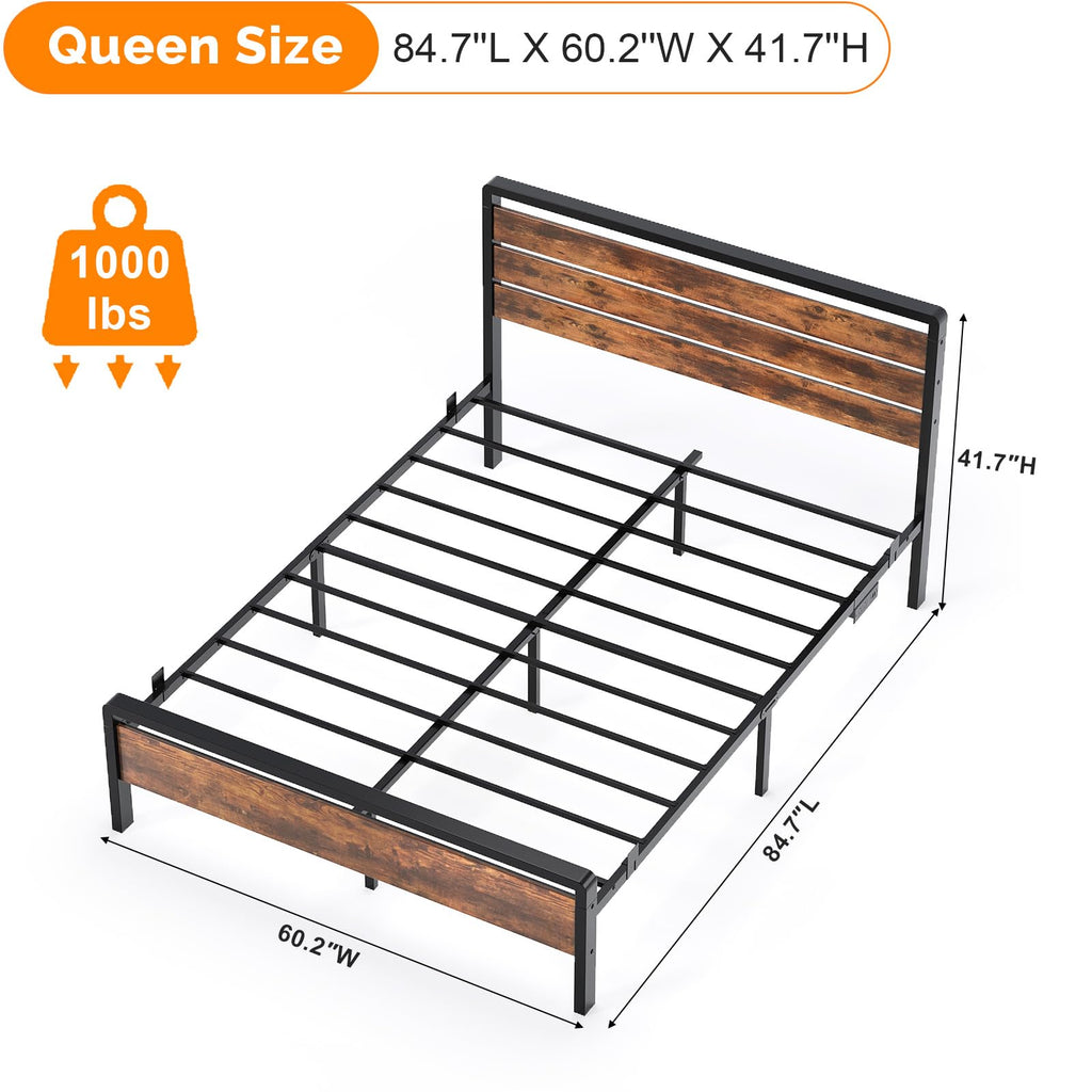 Rustic Bed Frame with Wood Headboard and Footboard, Led Light, 2 AC 2 USB 1 Type-C Charging Ports, 12-Inch