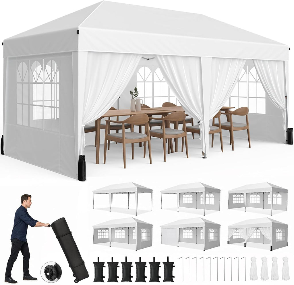 10x20 Pop up Canopy Tent with 6 Sidewalls, Outdoor Canopy with Windows & Roller Bag, Party Tent Events, Weddings