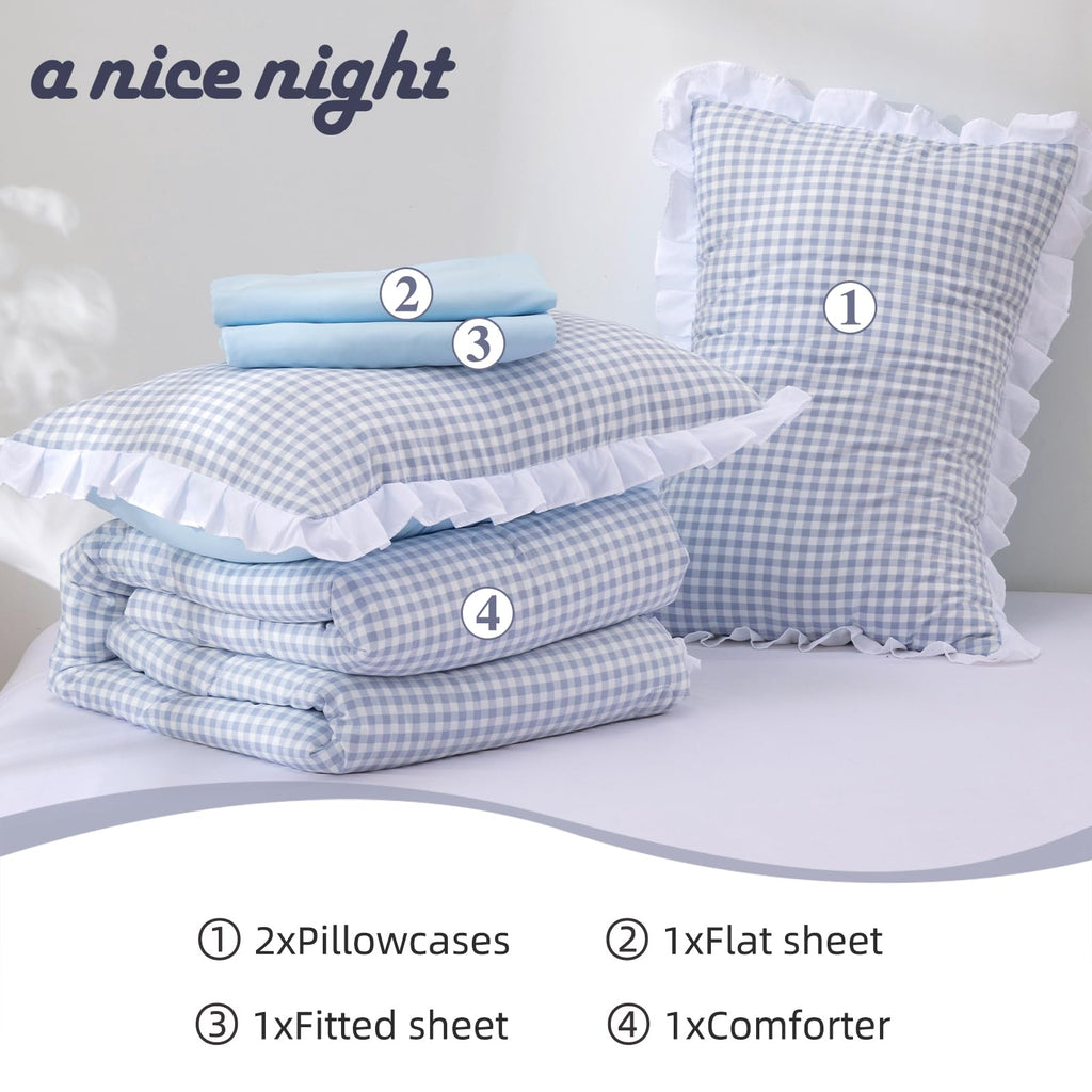Blue Plaid Ruffle Comforter Sets 5Pcs Bedding