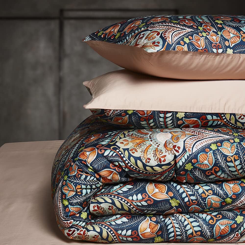 King Duvet Cover Set - 3pc Dark Navy Paisley Boho Bedding - Luxury Art Deco Floral Botanical Print, Soft Microfiber