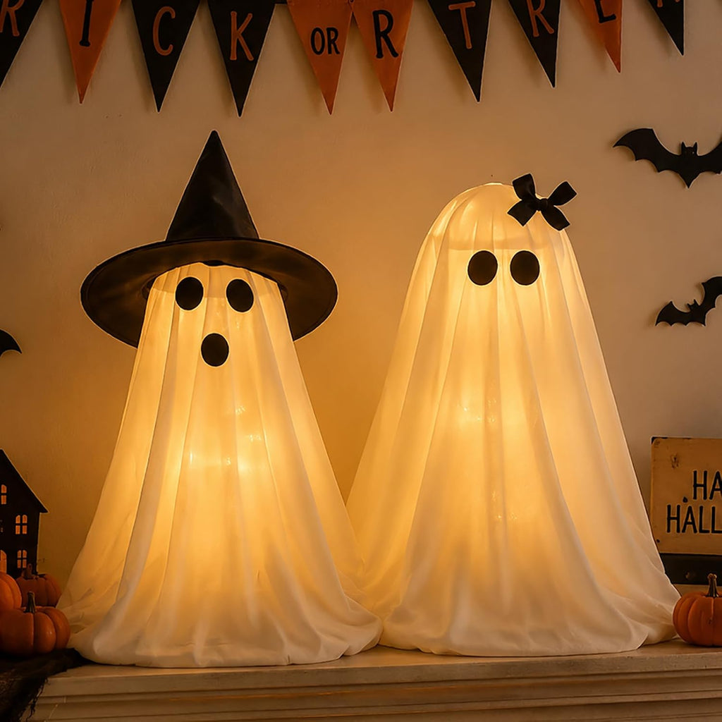 Halloween Decorations Light-Up Ghosts with Witch Hats, Indoor Ghost Decor - Set of 2
