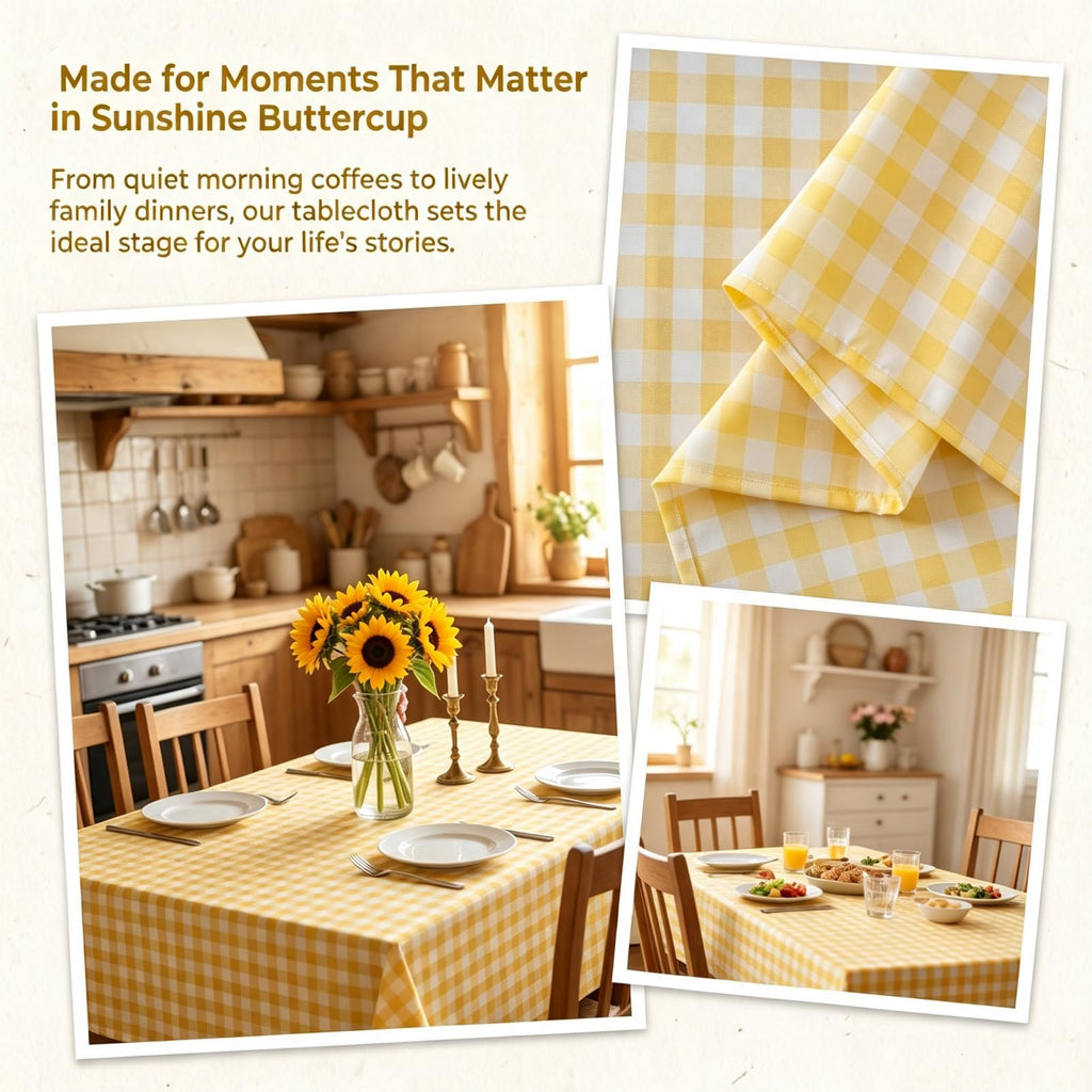 Yellow Gingham Tablecloth 54x70in, Cotton Blend Rectangle