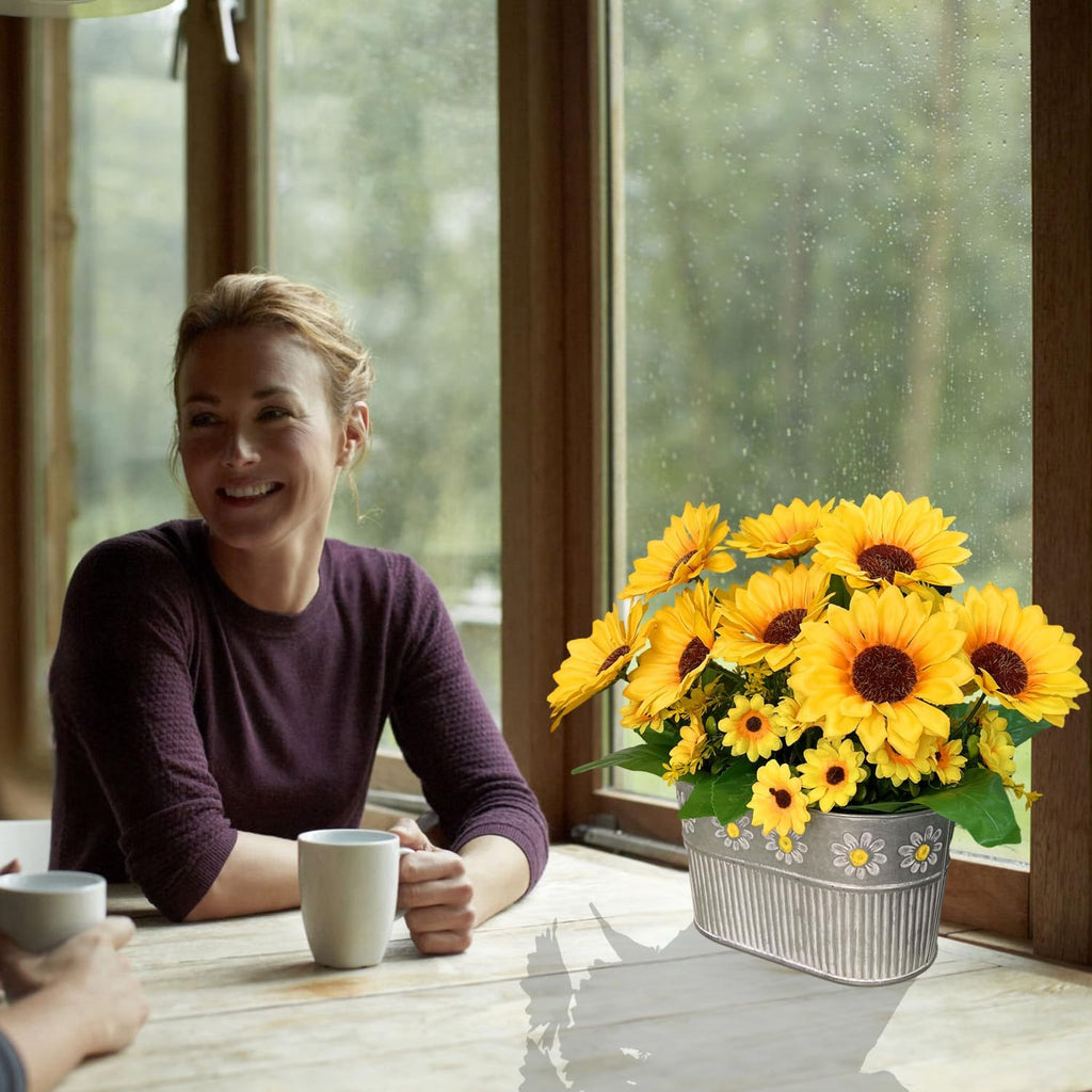 Artificial Flowers Fake Sunflowers in Pot, Faux Silk Flowers Floral Table Centerpiece Decoration, Rustic Potted - Set of 3