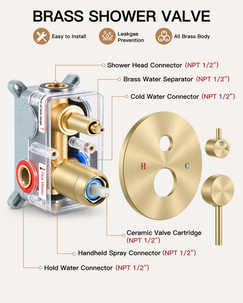 Shower Faucet Set with Rough-in Valve Trim Kit,Brushed Gold