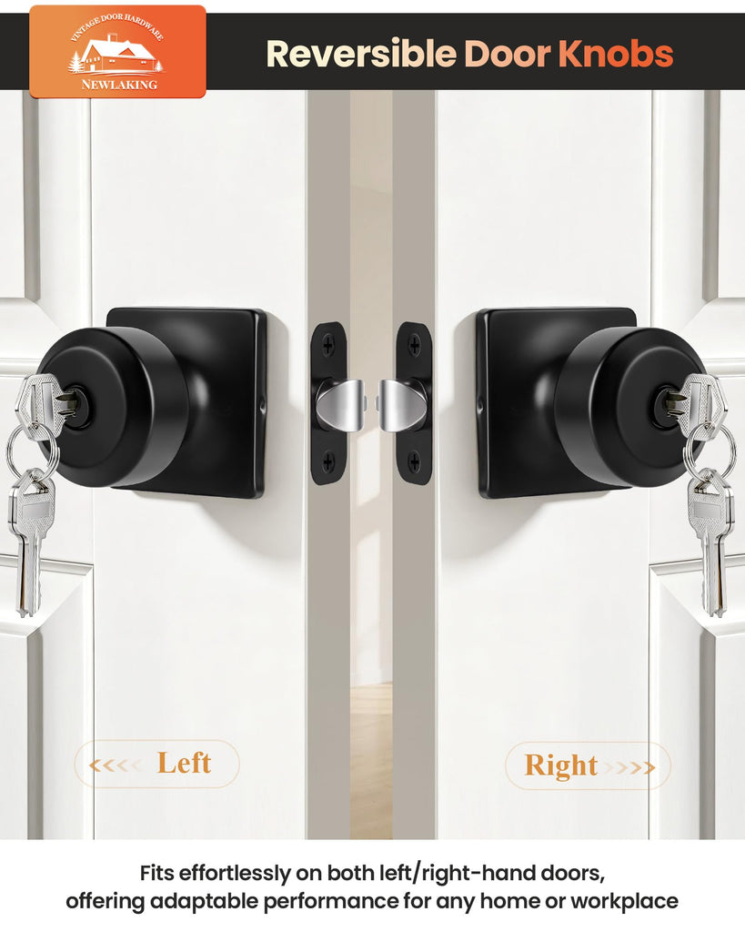 Keyed Alike Black Entry Door Knobs, DoorKnobs with Lock and Key, 1 Pack