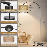 Rattan Floor Lamp, Arc Floor Lamps, Farmhouse Standing Lamp with Adjustable Hanging Fabric Shade