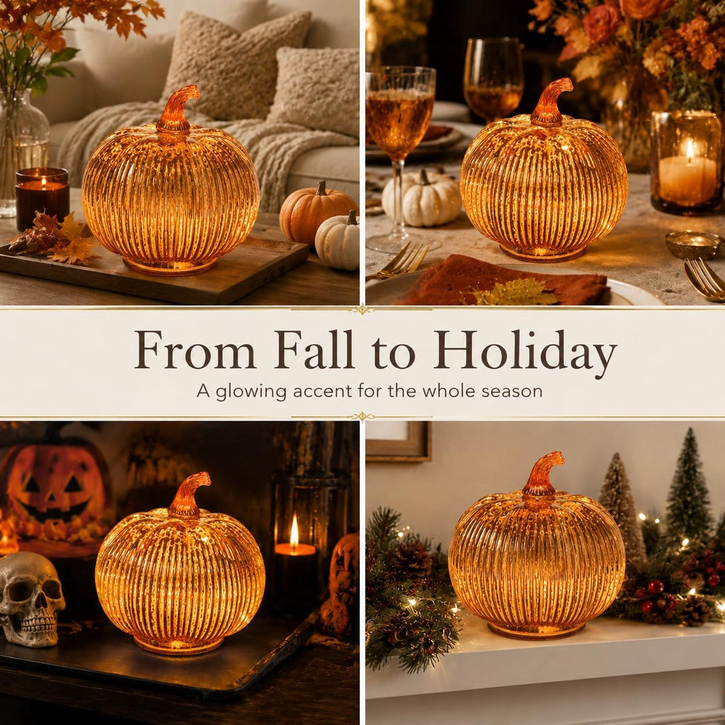 Gold Mercury Glass Pumpkin Light with 2 Lighting Modes and 6-Hour Timer, 5.5 x 6 Inch Battery Operated Fall Decor