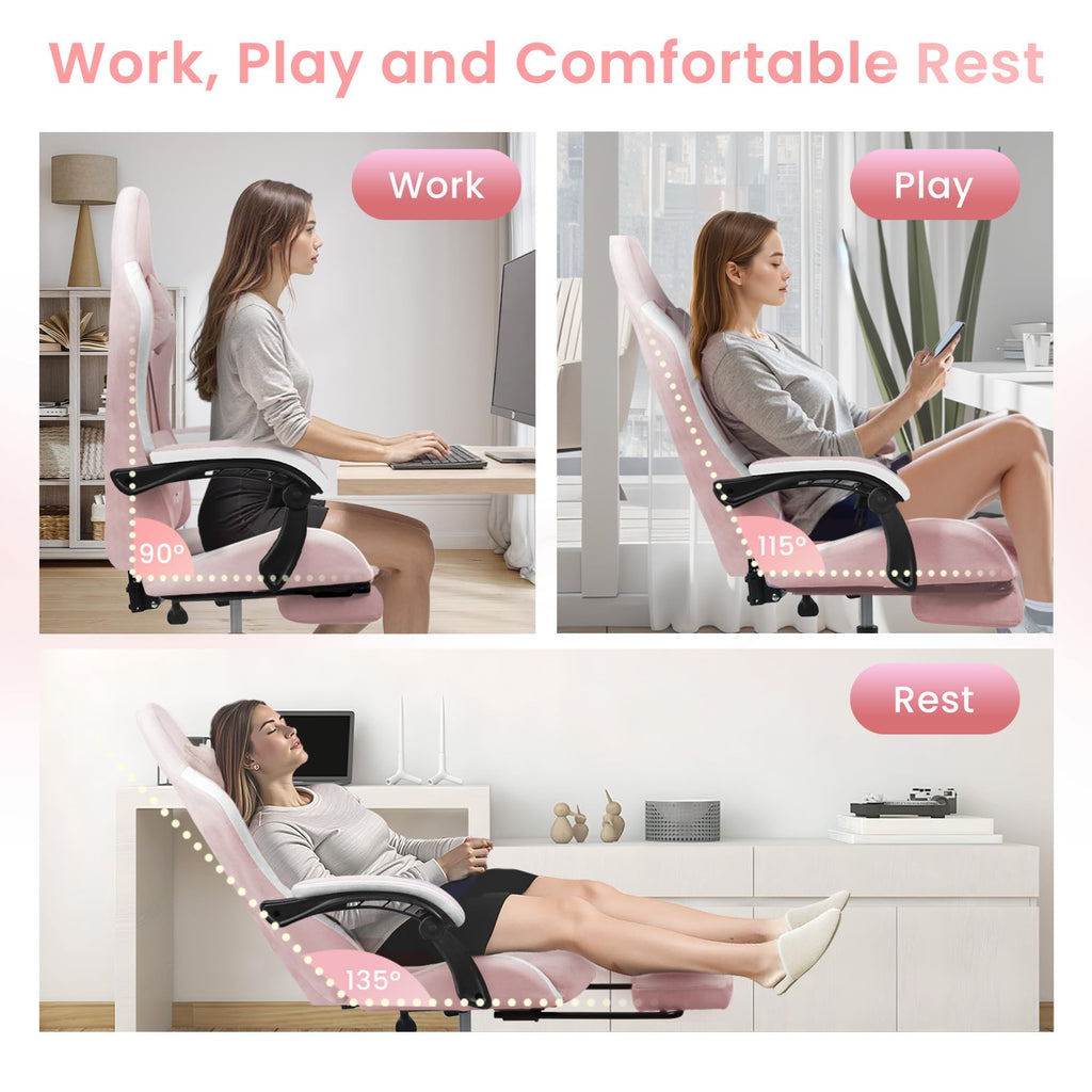Gaming Chair, Lumbar Support with Breathable Fabric, Pink
