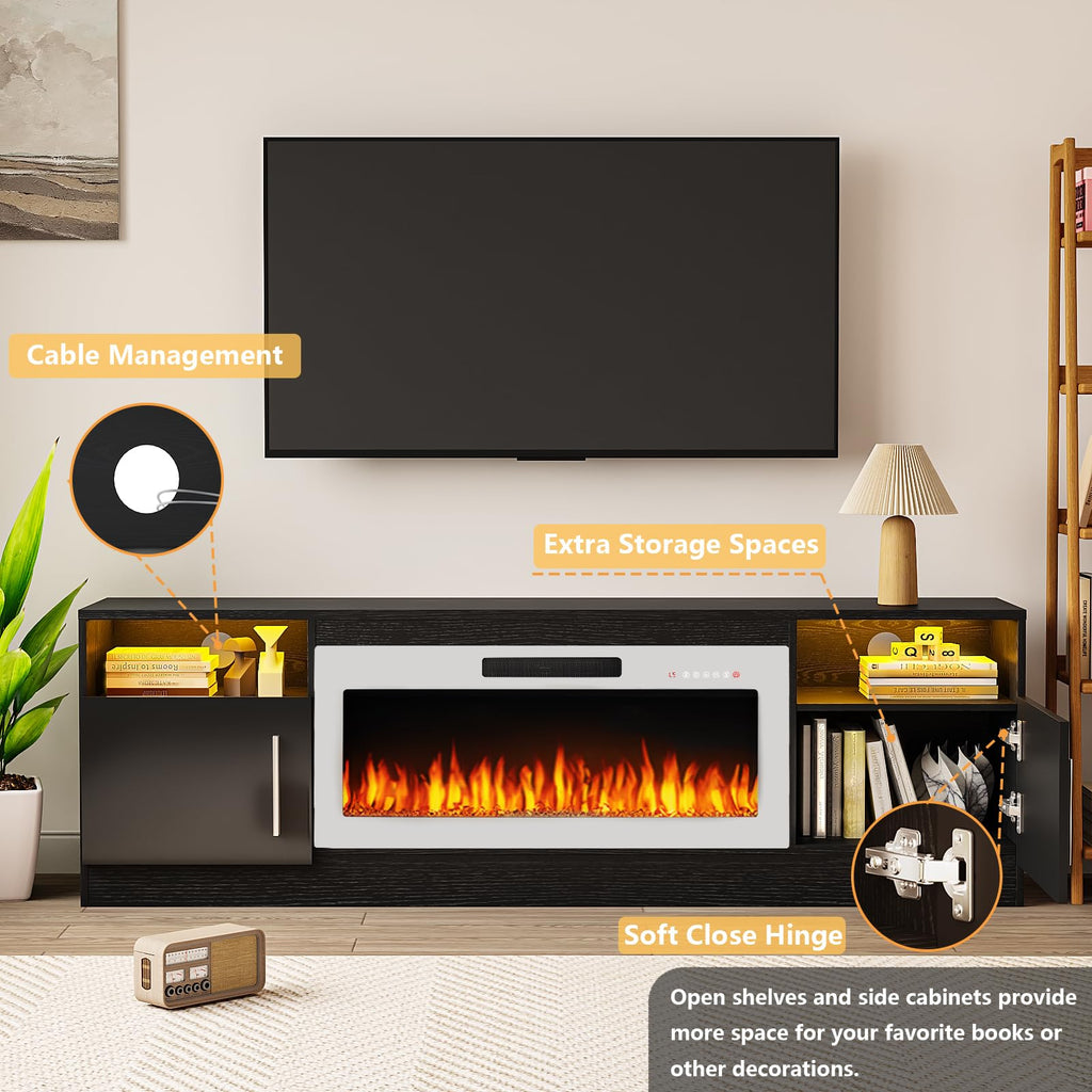 70", Modern LED Light Entertainment Center with Storage and 36" Fireplace, Media TV Console for TVs Up to 80", Fire