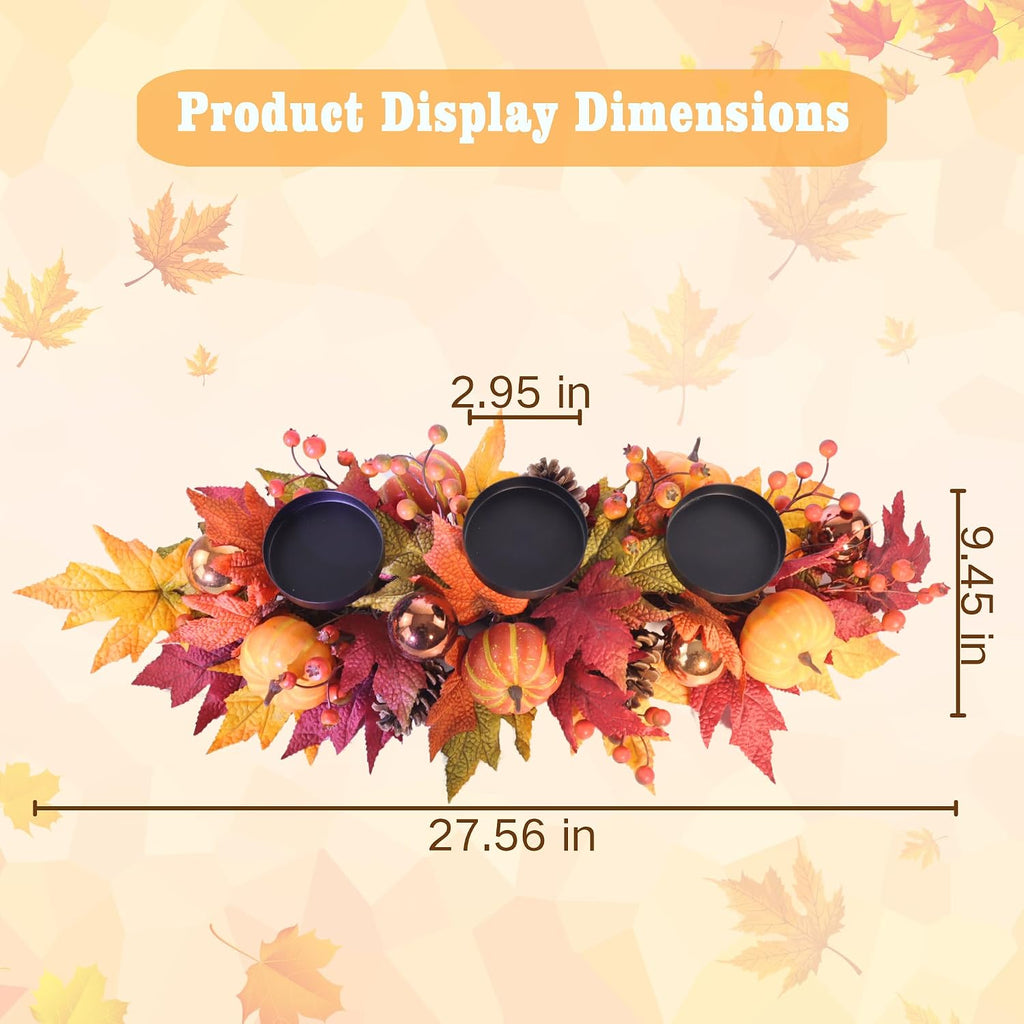 Fall Candle Holder Centerpiece for Table - Thanksgiving Table Decor with Pumpkins, Maple Leaves,Autumn Harvest - Set of 3