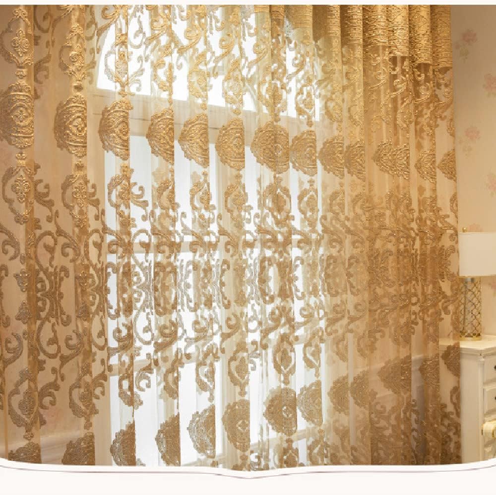1 Pair Luxury European Sheer Curtains Hollow Embroidered Tulle Curtains for Bedroom Living Room (Gold,54x96 Inch)
