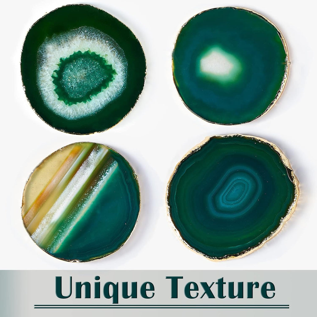 Green Agate,Natural Geode Coasters with Agate Slices and Gold Rim - 4 x 3.5" - Gemstone Coasters for Drink - Set of 4