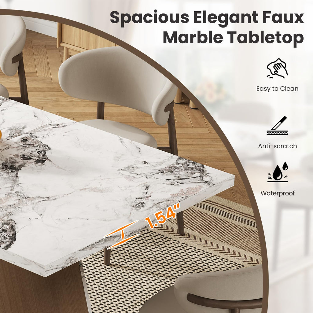 71 Inch Modern White Dining Table for 6-8 People, Large Faux Marble Kitchen and Dining Room Table, Rectanglar Dinner