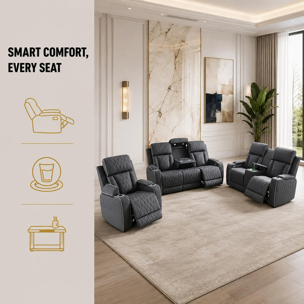 3-Piece Power Recliner Sofa Set, Leather Reclining Couch Set with Ambient LED Lights, Storage Console, USB-C Ports