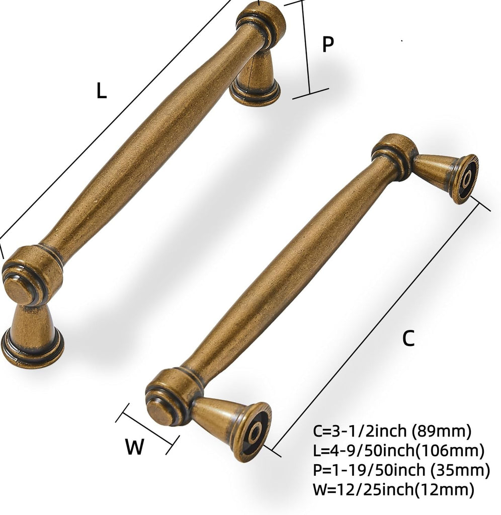 2 Pack 3-1/2 Inch(89mm) Antique Brass Cabinet Pulls Soild Vintage Brass Kitchen Cabinet Handles Aged Gold Kitchen
