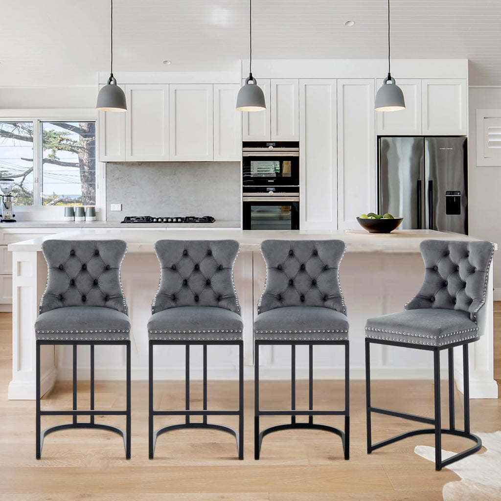 Counter Height Bar Stools Set of 2, 26" Modern Barstools with Back, Velvet Upholstery Counter Chairs with Metal Legs