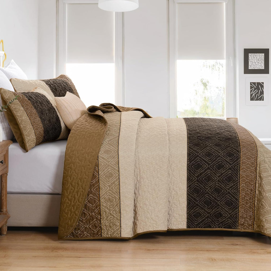 Boho Queen Quilt Set,Striped Plaid Bedspread Coverlet Set,Light Brown Bedding Set Soft Microfiber Bedding Set with 2