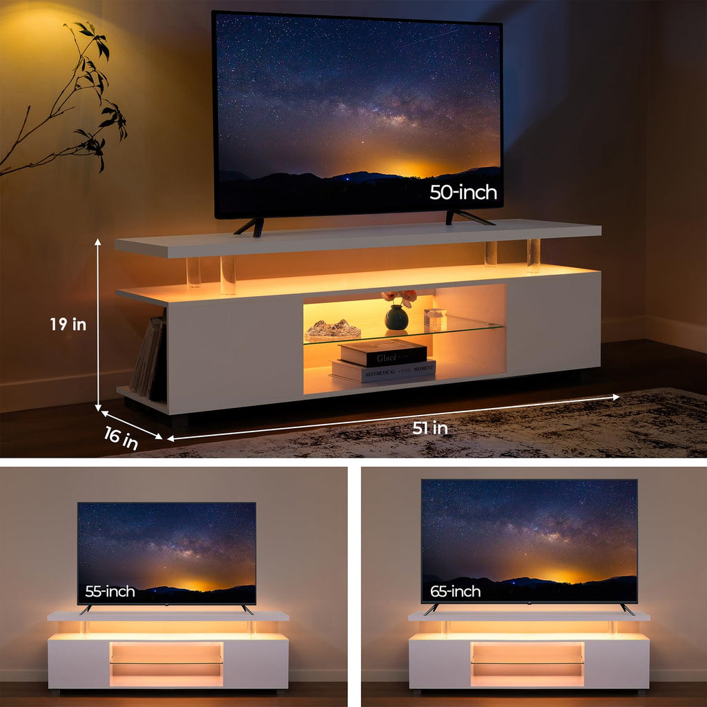 White TV Stand for 60" TV, LED Entertainment Center with Storage