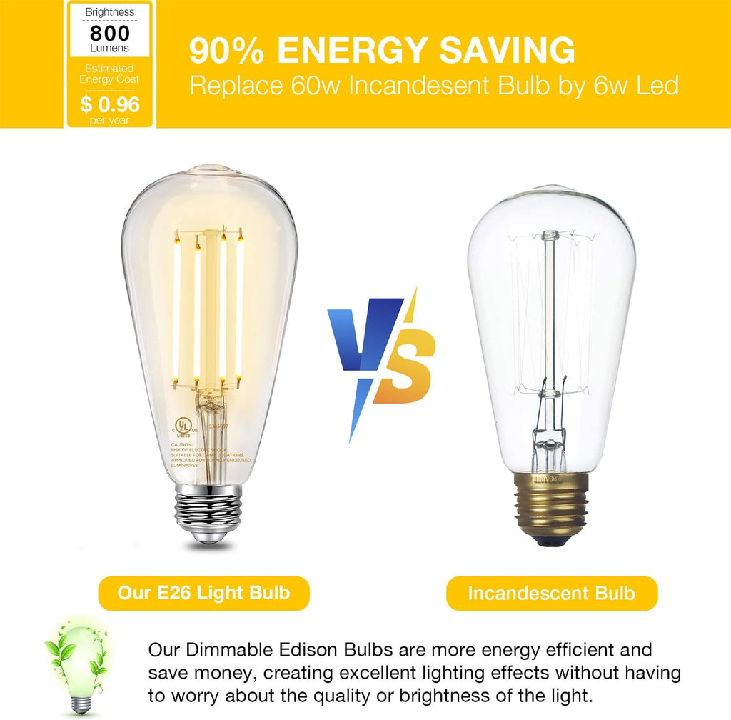 Vintage LED Edison Bulbs, E26 Led Bulb 60W Equivalent, Dimmable Led Light Bulbs, High Brightness 6W 800 LM Warm White
