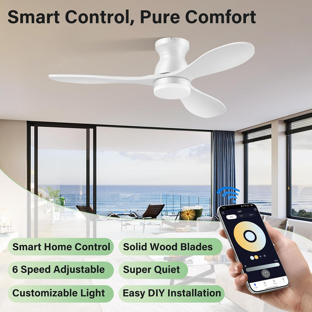 42 Inch Smart Flush Mount Ceiling Fan with Light and Remote - Low Profile, 3 Solid Wood Blades, Dimmable LED, Works with Alexa & Google - White