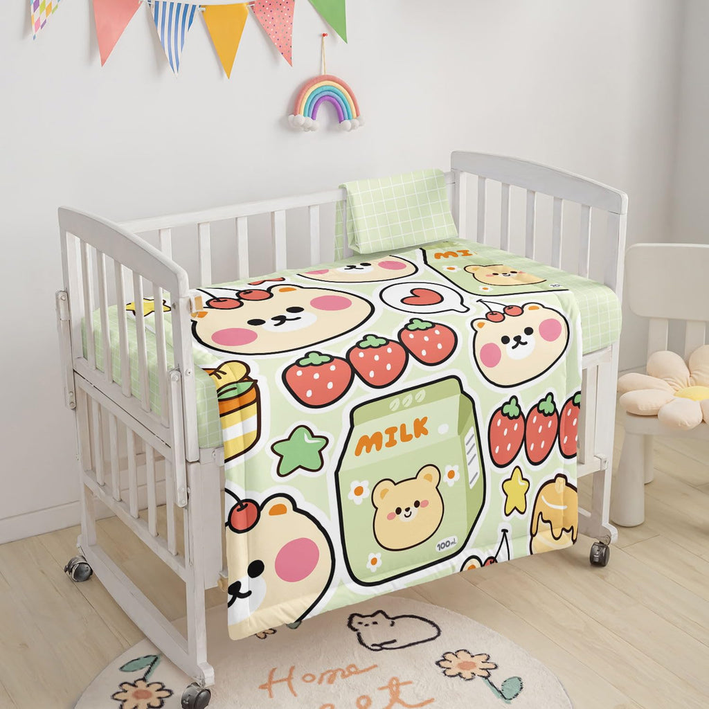 Crib Bedding Set,3pcs Nursery Crib Bedding with Comforter Crib Sheet & Crib Skirt,Cute Bear Milk Strawberry Printed