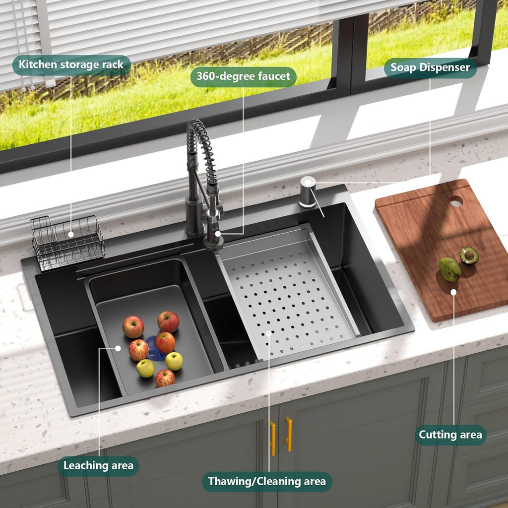 Black Drop- Sink:30in Stainless Single Bowl Sink &Accessories | Spacious 30-Inch Workstation Sink with 7-in-1