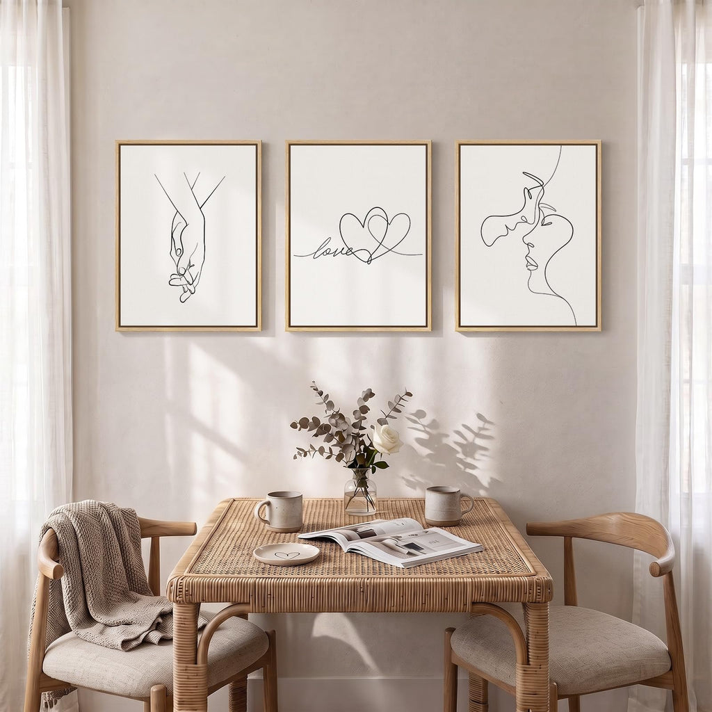 Framed Minimalist Couple Love Heart Line Canvas Wall Art Bedroom, 12x16 In