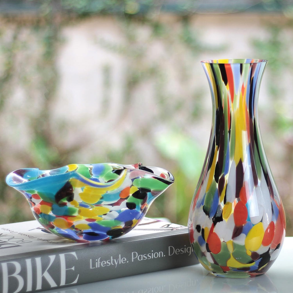 Murano Style Art Glass Vase Hand Blown Colorful Confetti Effect Home Decor