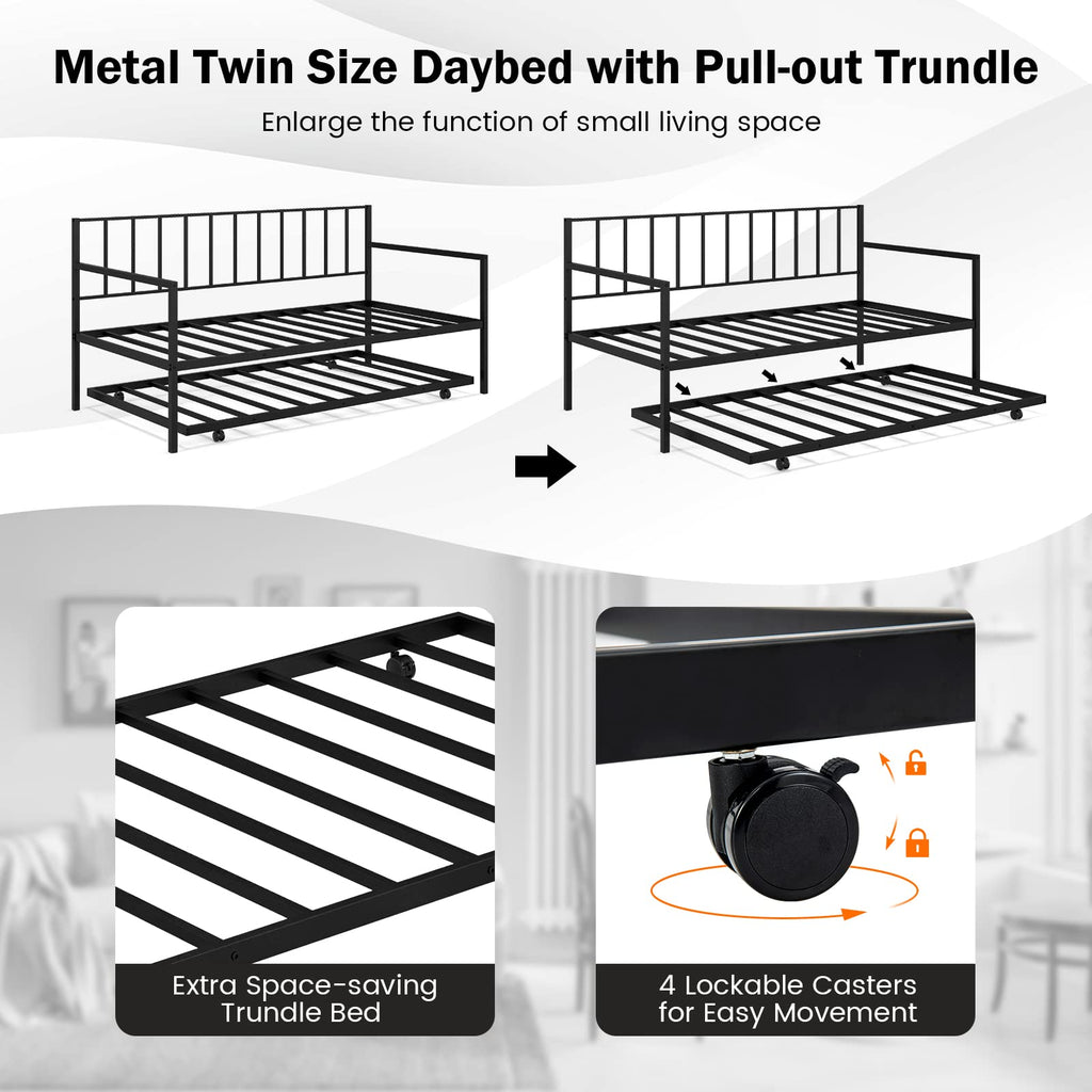 Twin Daybed with Trundle, Metal Bed Frame with Trundle, Daybed & Trundle Frame Set with Wheels & Metal Slat Support