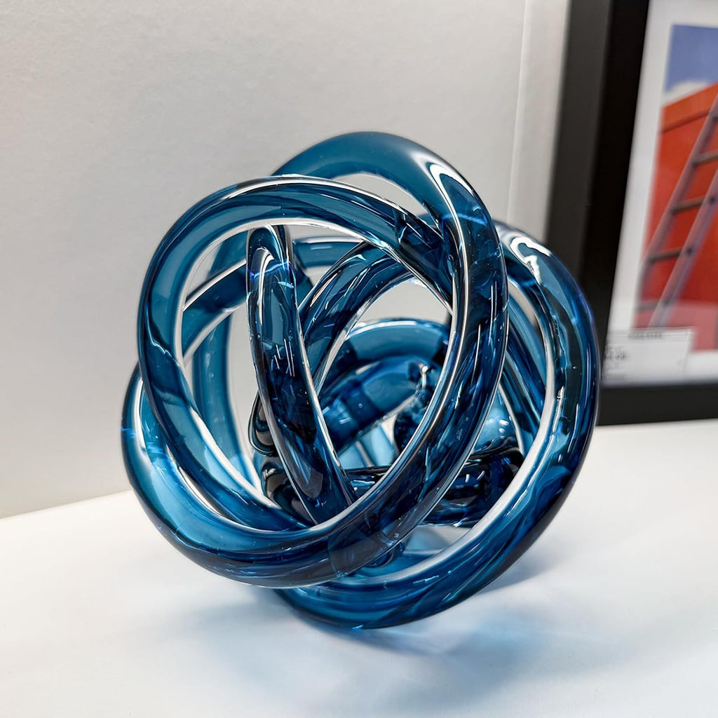 Glass Knot Teal Decor Ball - 5 Inch Hand Blown Infinity Sculpture Orbit Home Decor Table Decoration Interio Art