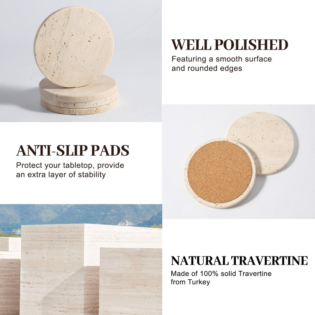 Travertine Coasters, Marble Coaster Set of 4 for Drinks, 4" Round Stone Coasters Set Heat Resistant, Decorative