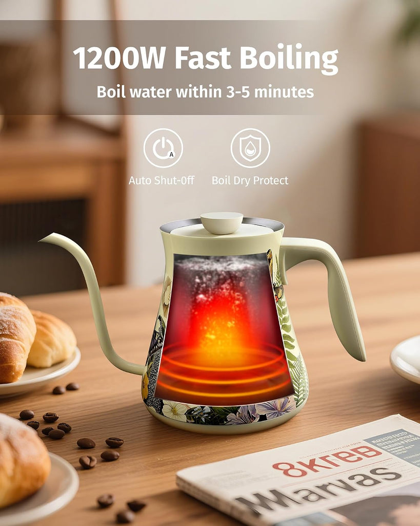 0.8L Gooseneck Electric Kettle, Precise Temperature Control for Pour Over Coffee & Tea, 1200W Fast Boiling Water