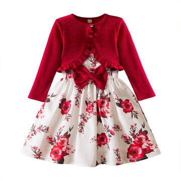 Girl Dress and Cardigan Set Toddler Foral Sleeveless Dresses Ruffle Knit Shrugs Long Sleeve Casual Outfit 64C-Red