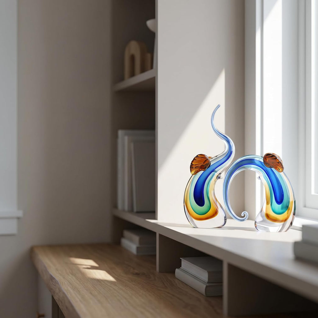 Hand Blown Elephant Statues Set - Luxury Sculptures Home Decor Art Glass Ornament Animal Collectible (Blue)