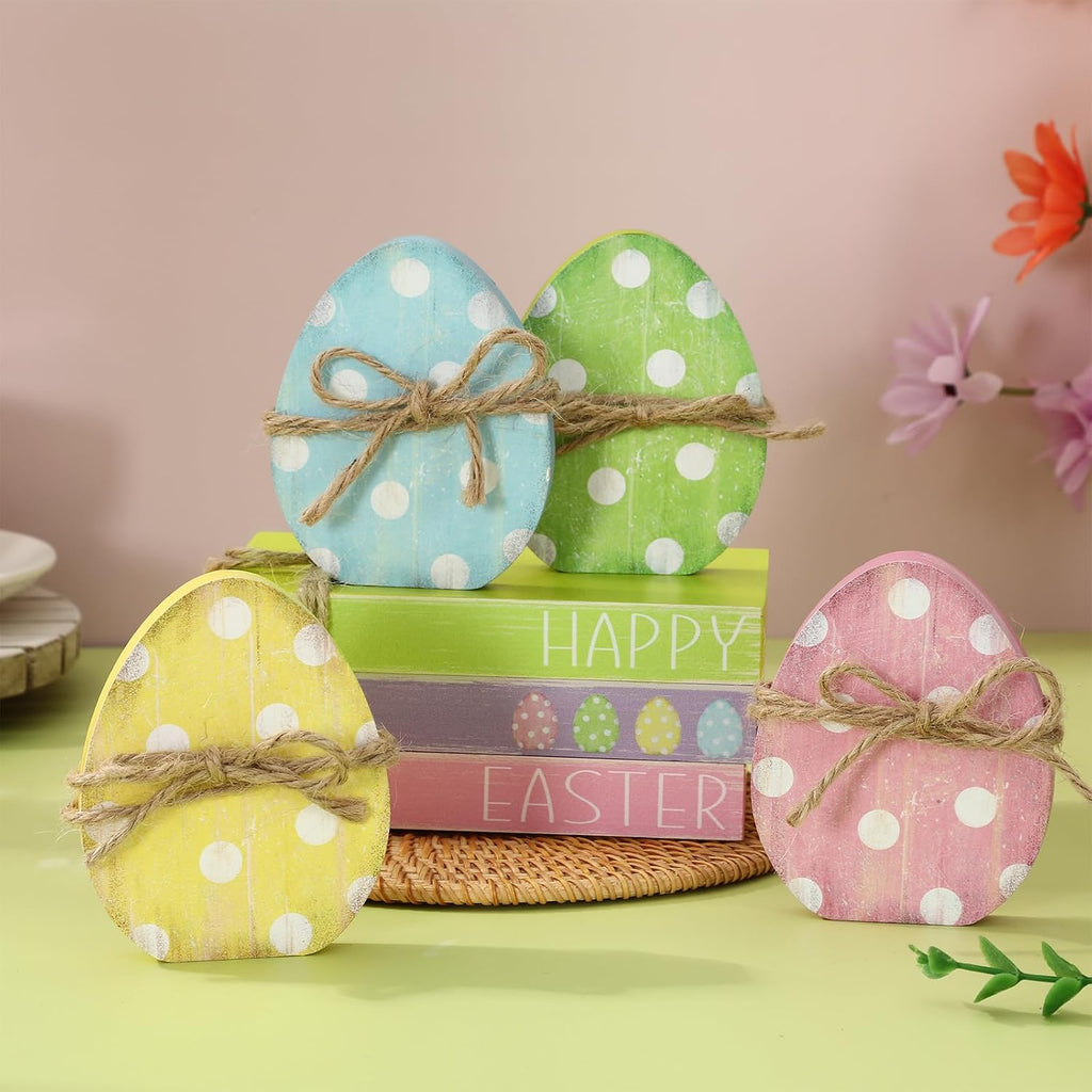 Easter Wooden Tiered Tray Decor Faux Stacked Books Colorful Polka Dot Egg Table Centerpiece Block Signs - Set of 7